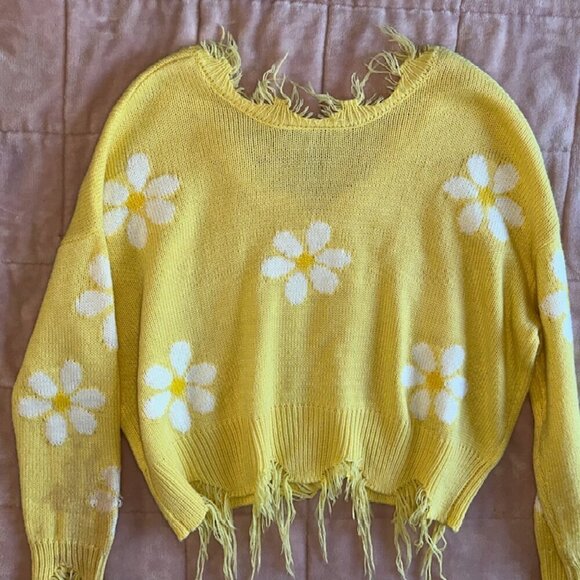 Cropped Daisy Floral Print V Neck Long Sleeve Personality Sweater Ribbed Trim - Picture 14 of 15